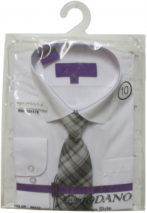 BOYS DRESSY SHIRT & TIE (LONG SLEEVE) WHT/CHARCOAL